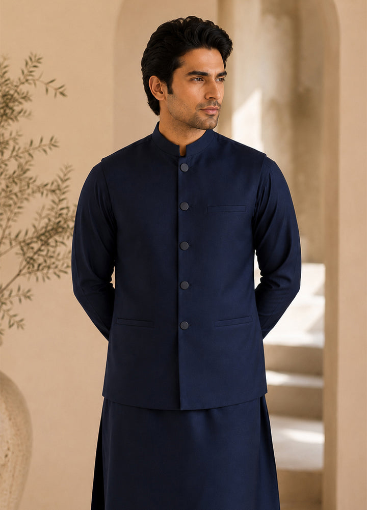 Navy Blue Kurta Shalwar with Waistcoat