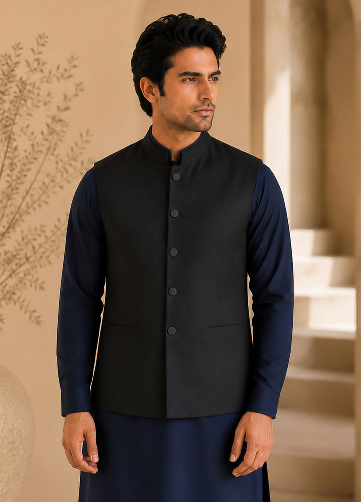 Black Waistcoat with Navy Blue Shalwar Kameez