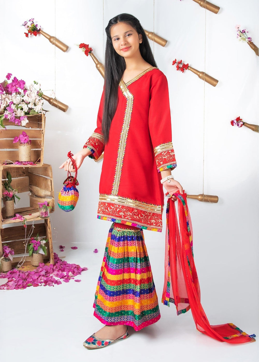 Modest Pret Emblished Raw Silk 3 Piece Suit Mah e Noor Red