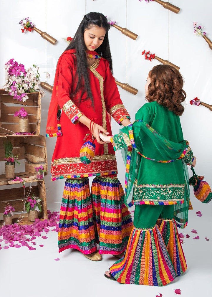 Modest Pret Emblished Raw Silk 3 Piece Suit Mah e Noor Red