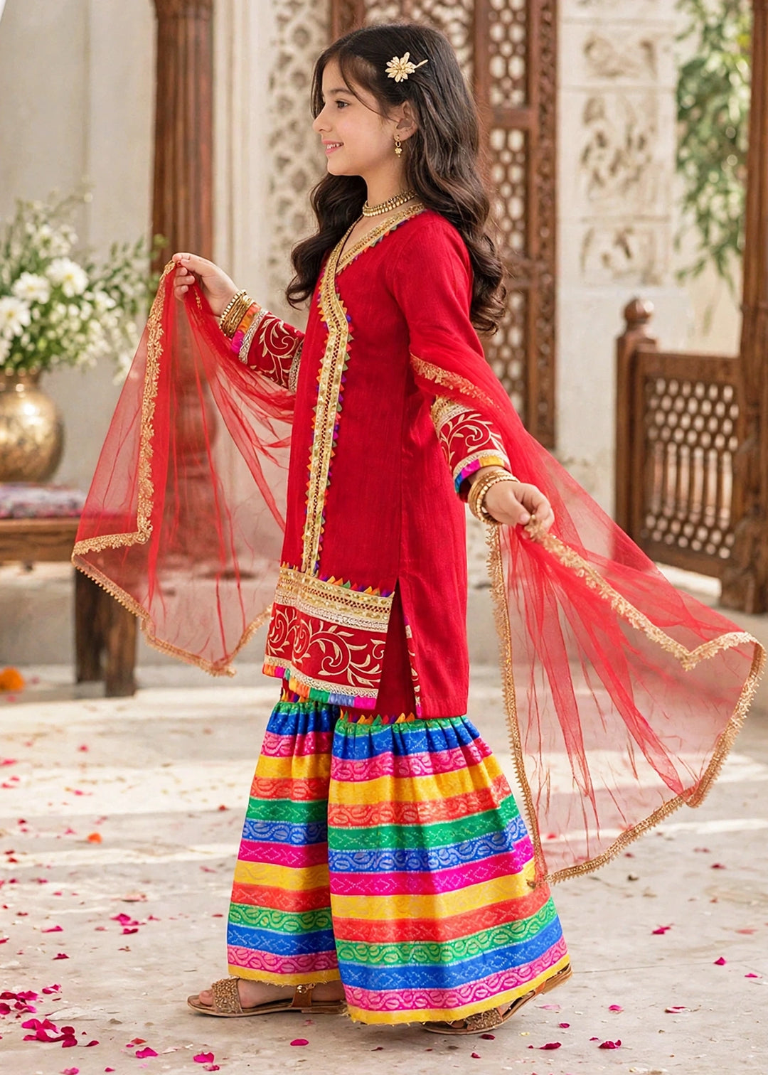 Modest Pret Emblished Raw Silk 3 Piece Suit Mah e Noor Red