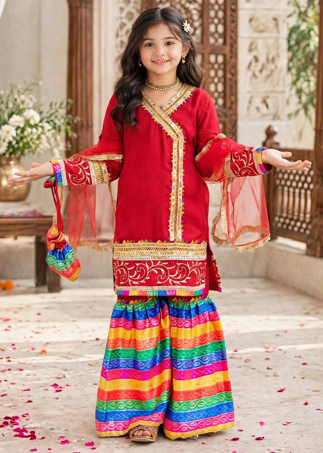 Modest Pret Emblished Raw Silk 3 Piece Suit Mah e Noor Red