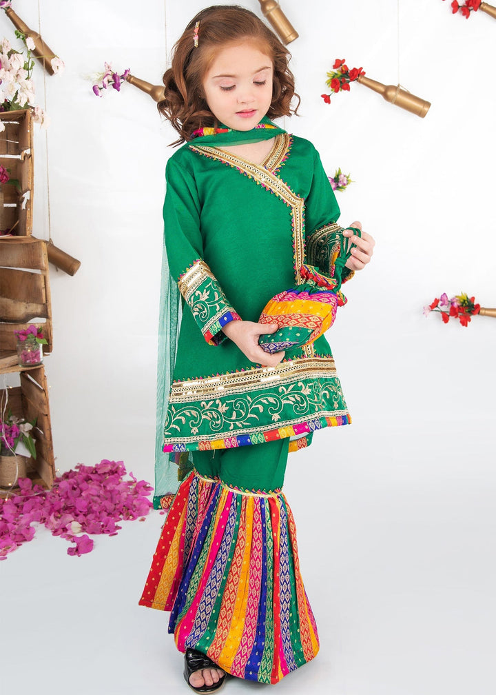 Modest Pret Emblished Raw Silk 3 Piece Suit Mah e Noor Green