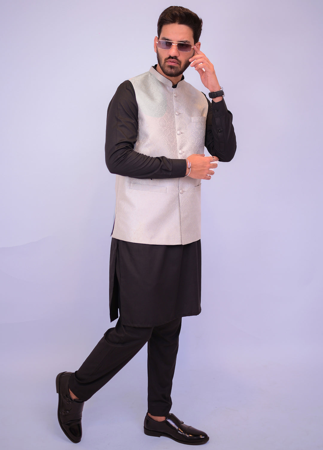 Silver Grey Jamawar Waistcoat