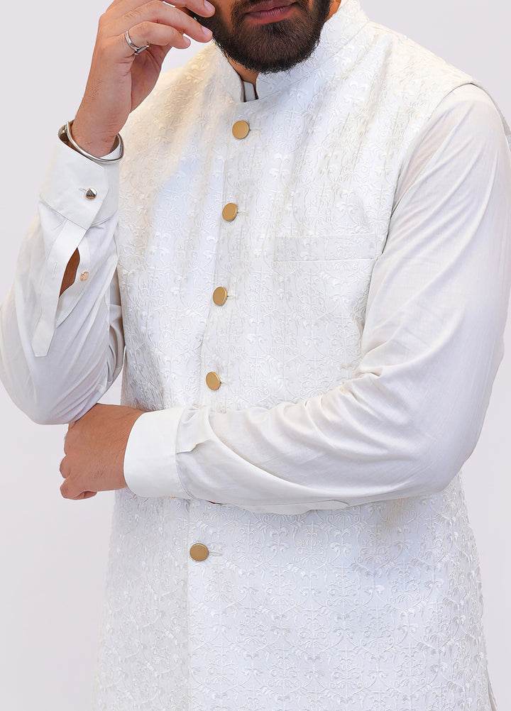 Off White Embroidered Fabric Waistcoat