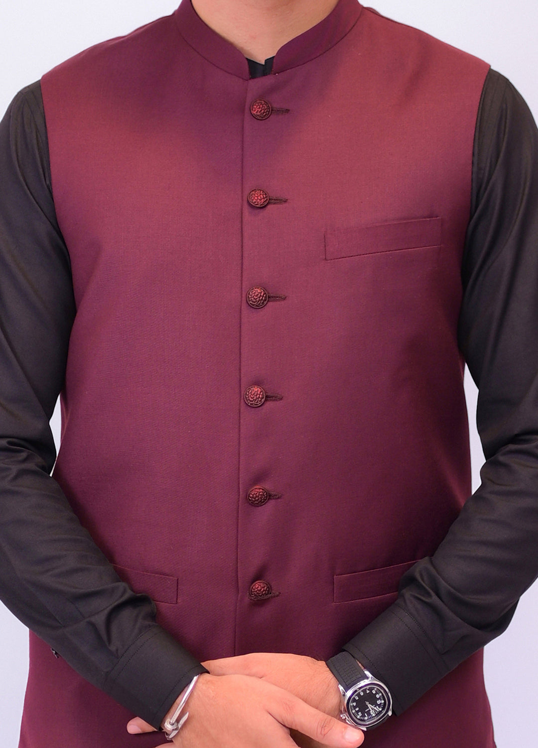 Maroon Suiting Fancy Buttons Waistcoat