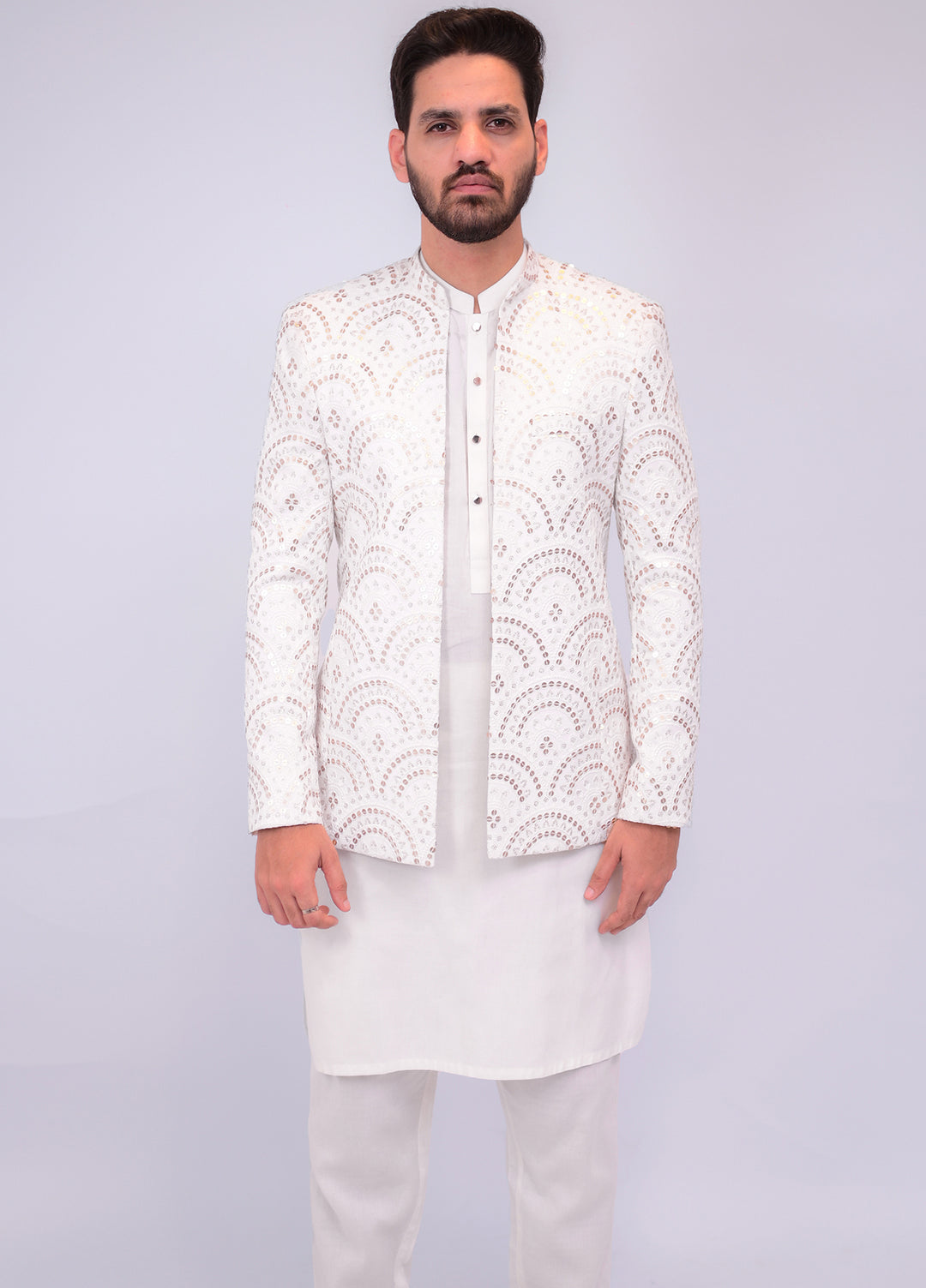 Off White Embroidered Golden Sequins Prince Coat