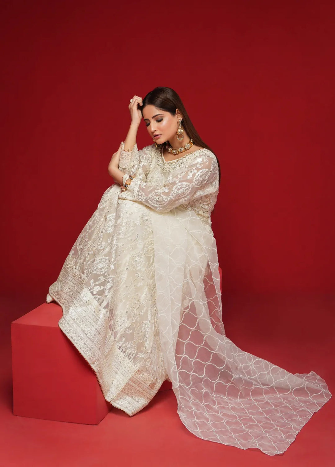 Rafjan Pret Embroidered Organza 3 Piece Suit Moonlit White