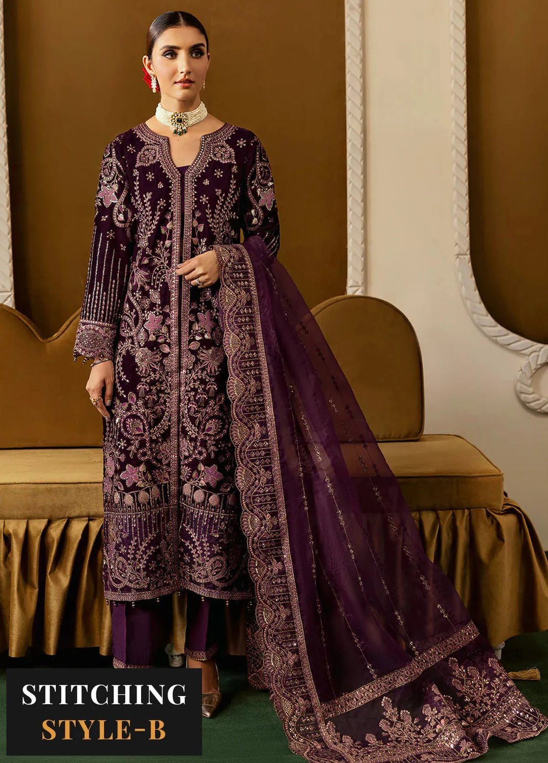 Ramsha Embroidered Velvet Suit Unstitched 3 Piece RSH24VL V-605 - Luxury Collection