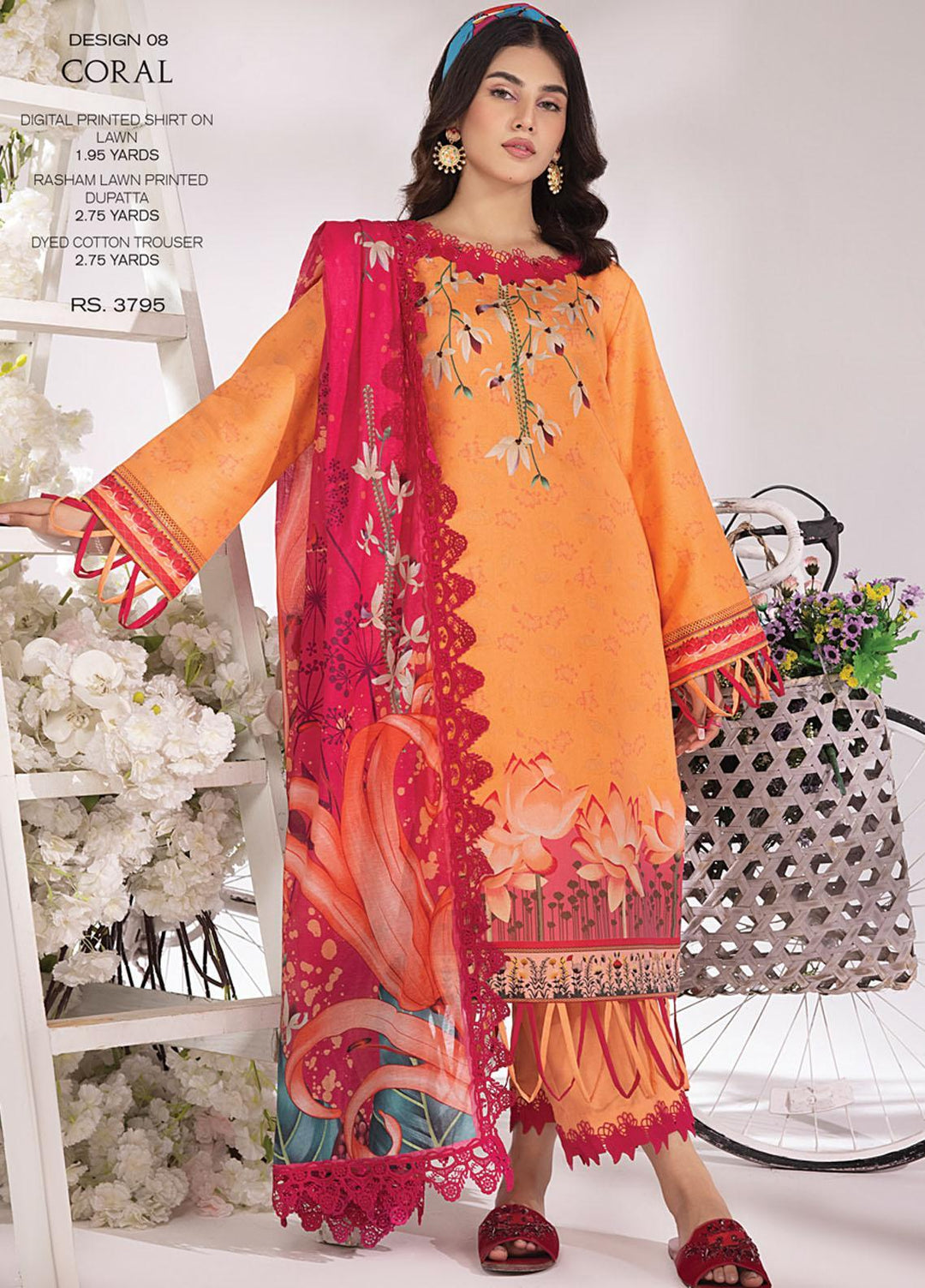 Rang Rasiya Printed Lawn Suits Unstitched 3 Piece RR23SB D-08 Coral - Summer Collection
