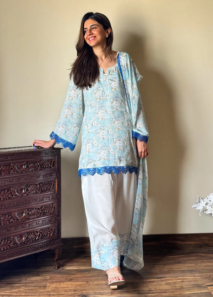 Rangeen Pret Printed Raw Silk 3 Piece Suit Hibiscus Glow