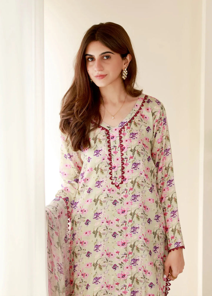 Rangeen Pret Printed Raw Silk 3 Piece Suit Lavender Bloom