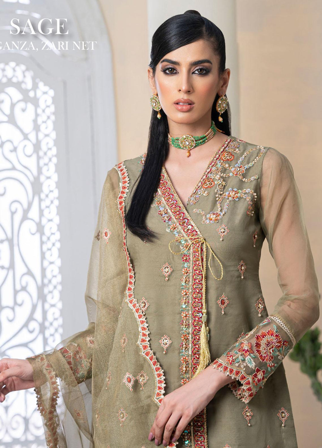 Rangreza By Aroshi Embroidered Organza Suits Unstitched 3 Piece ASH23R D-02 Sage - Luxury Collection