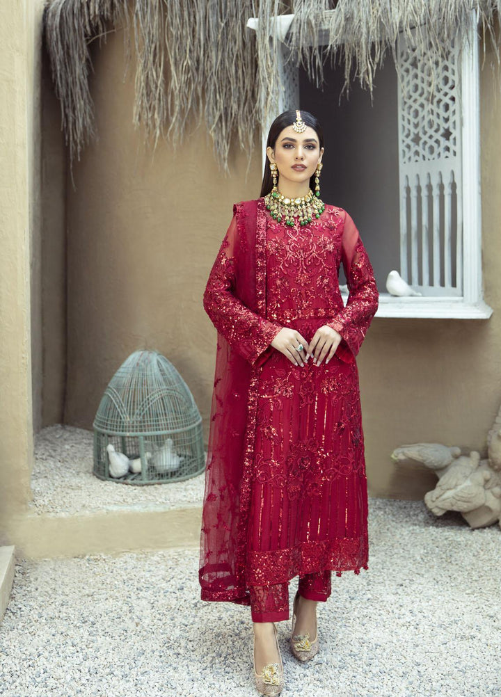 Rawayat by Zainab Manan Embroidered Net Suits Unstitched 3 Piece ZNM22RW ZM-09 Scarlet Red - Luxury Festive Collection