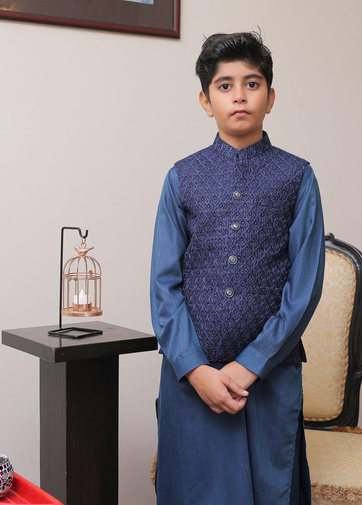 Real Image Raw Silk Smart Fit Waistcoat for Kids -  OKW-021 Navy Blue