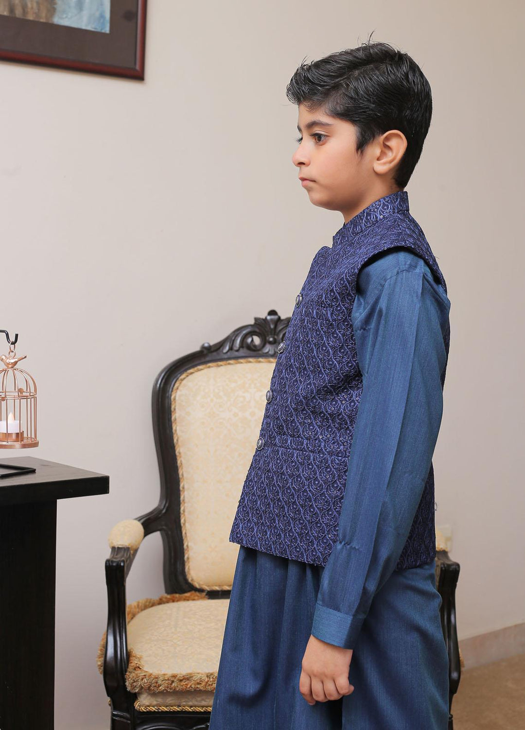 Real Image Raw Silk Smart Fit Waistcoat for Kids -  OKW-021 Navy Blue