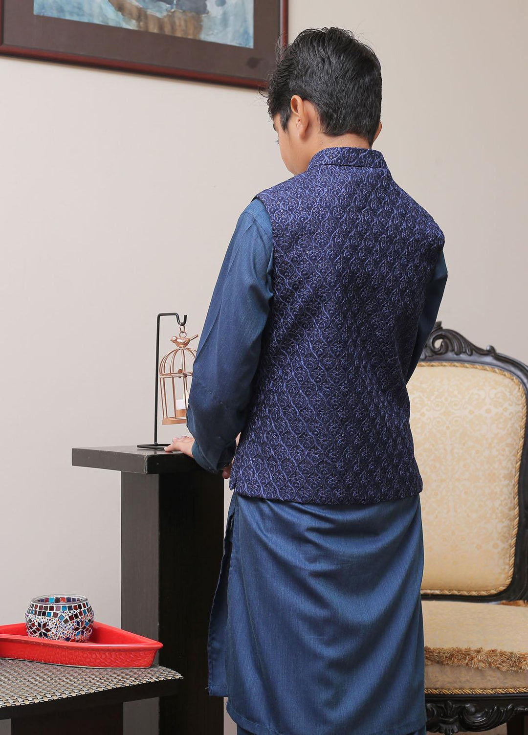 Real Image Raw Silk Smart Fit Waistcoat for Kids -  OKW-021 Navy Blue