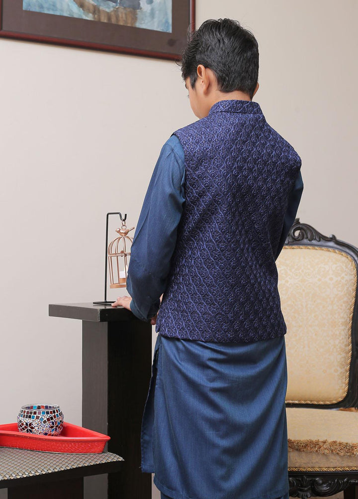 Real Image Raw Silk Smart Fit Waistcoat for Kids -  OKW-021 Navy Blue