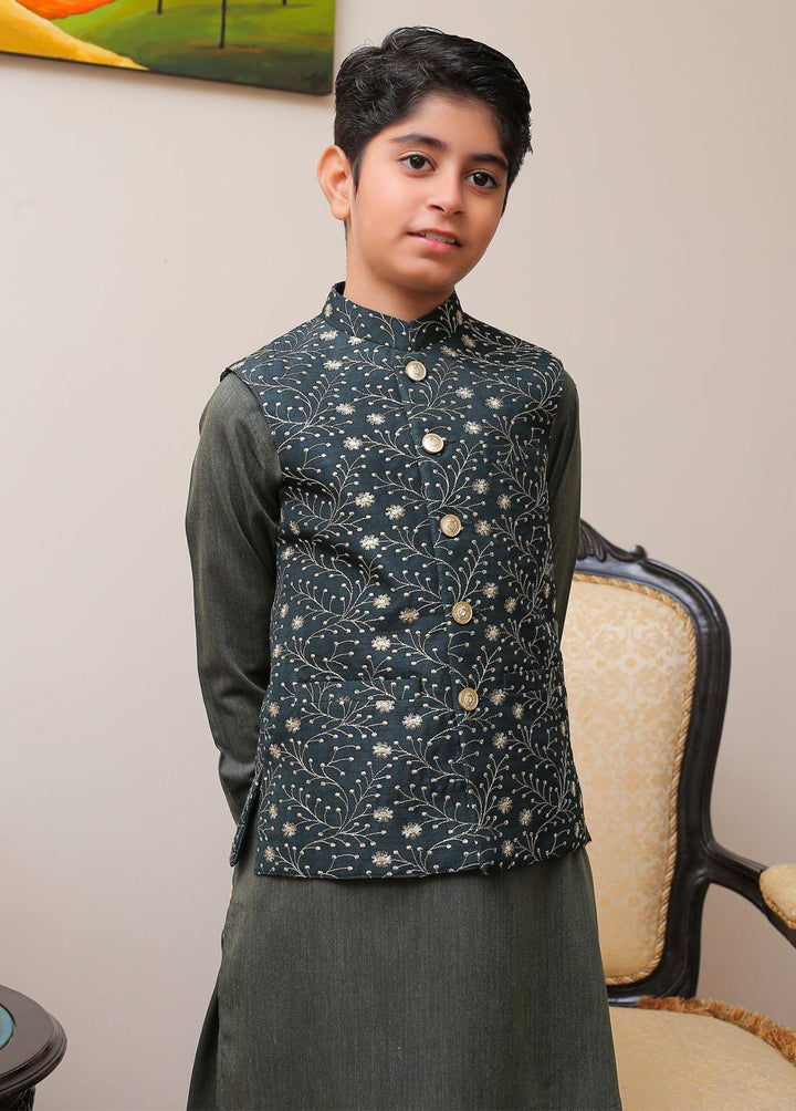 Real Image Raw Silk Smart Fit Kids Waistcoat -  OKW-024 Green