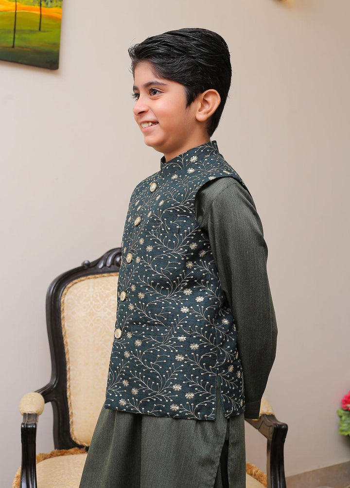 Real Image Raw Silk Smart Fit Kids Waistcoat -  OKW-024 Green