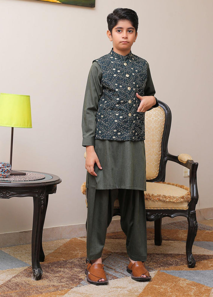 Real Image Raw Silk Smart Fit Kids Waistcoat -  OKW-024 Green