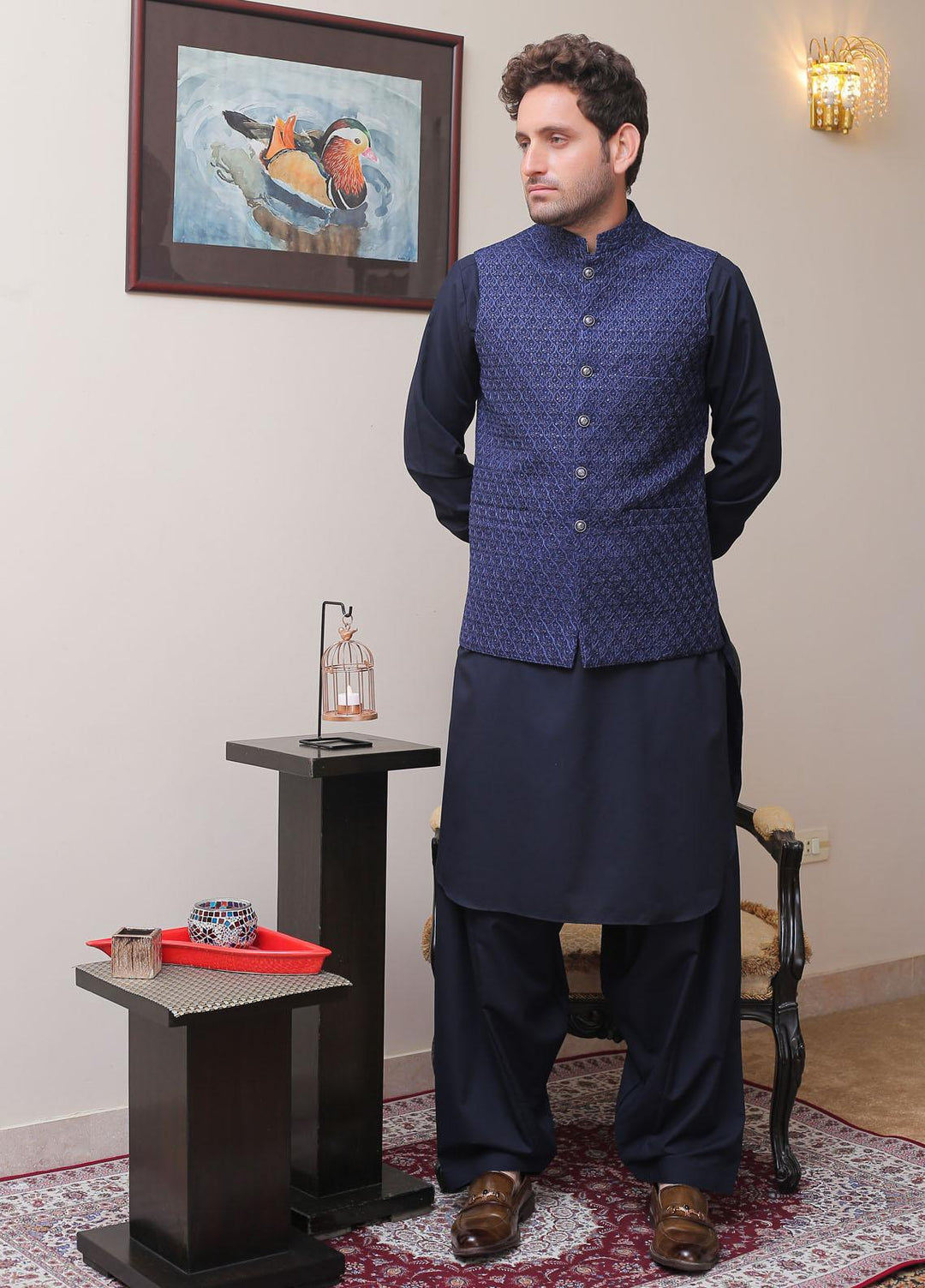 Real Image Raw Silk Formal Waistcoat for Men -  OWP - 021 Navy Blue