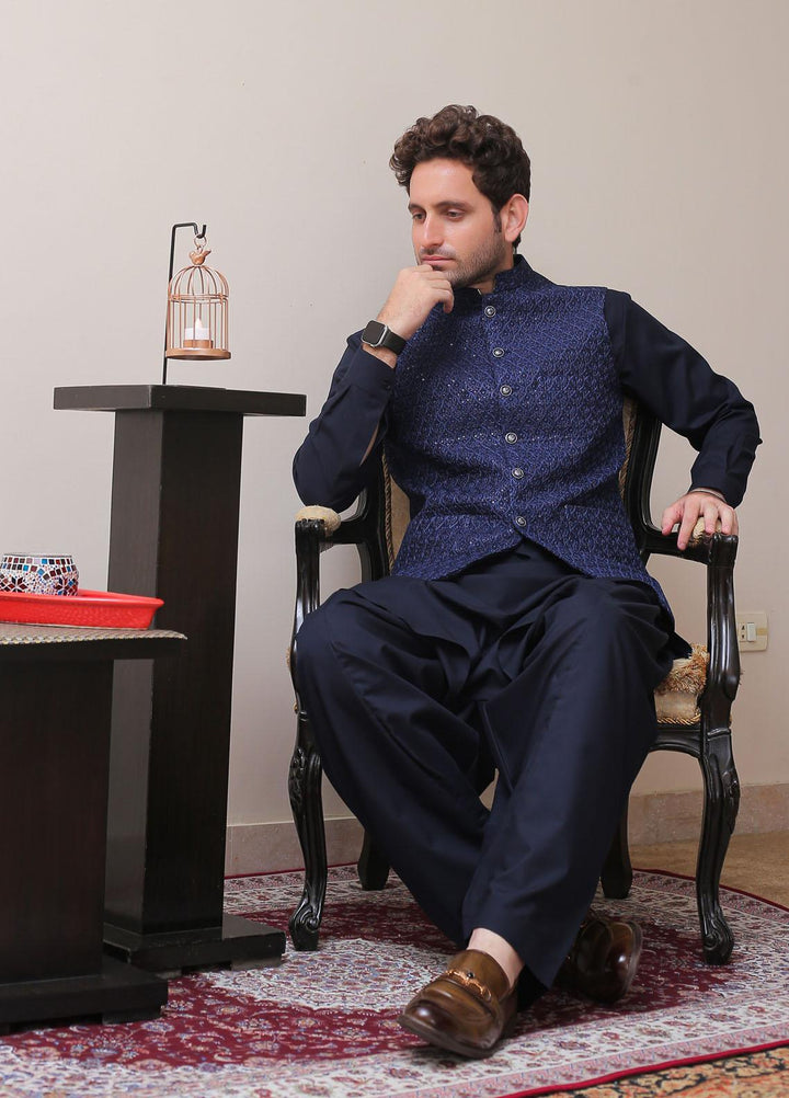 Real Image Raw Silk Formal Waistcoat for Men -  OWP - 021 Navy Blue