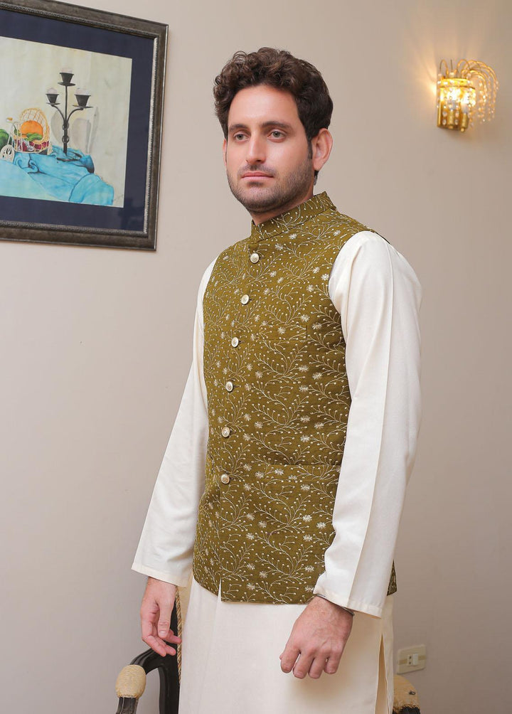 Real Image Raw Silk Smart Fit Waistcoat for Mens -  OWP-022 Mehndi