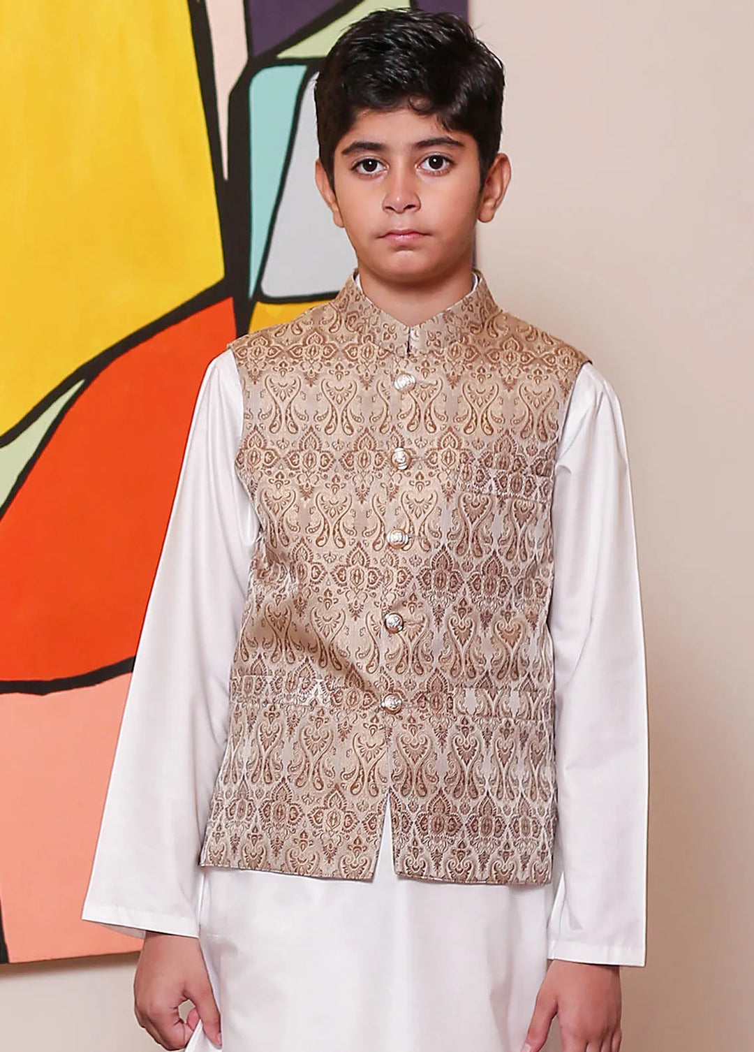 Real Image Jamawar Formal Boys Fancy Waistcoat - KWP-133