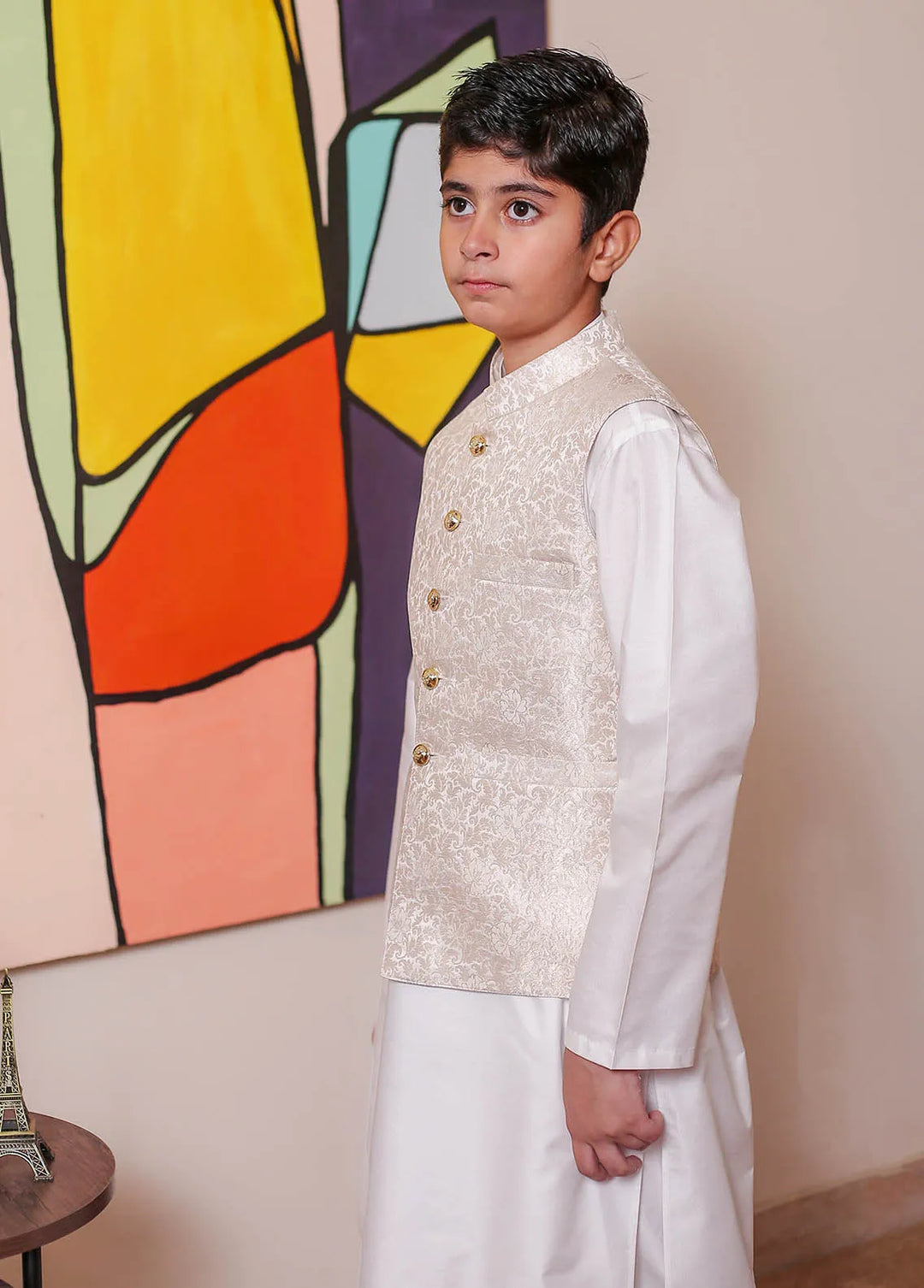 Real Image Jamawar Formal Boys Fancy Waistcoat - OKW-142