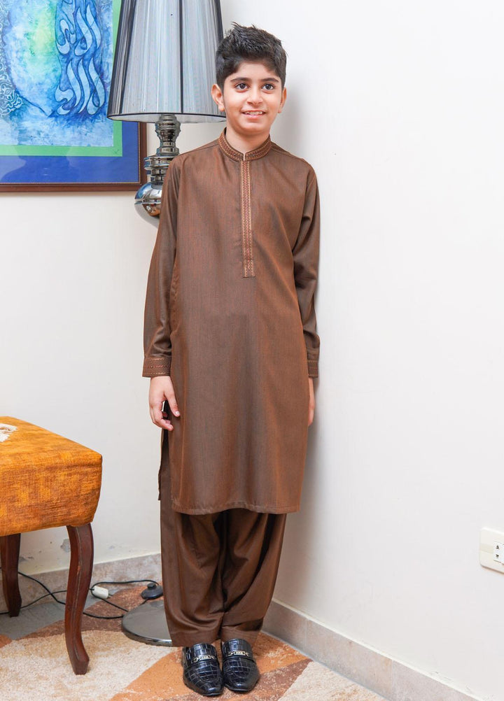 Real Image Wash N Wear Regular Fit Kurta Shalwar for Kids -  KS-023 Brown