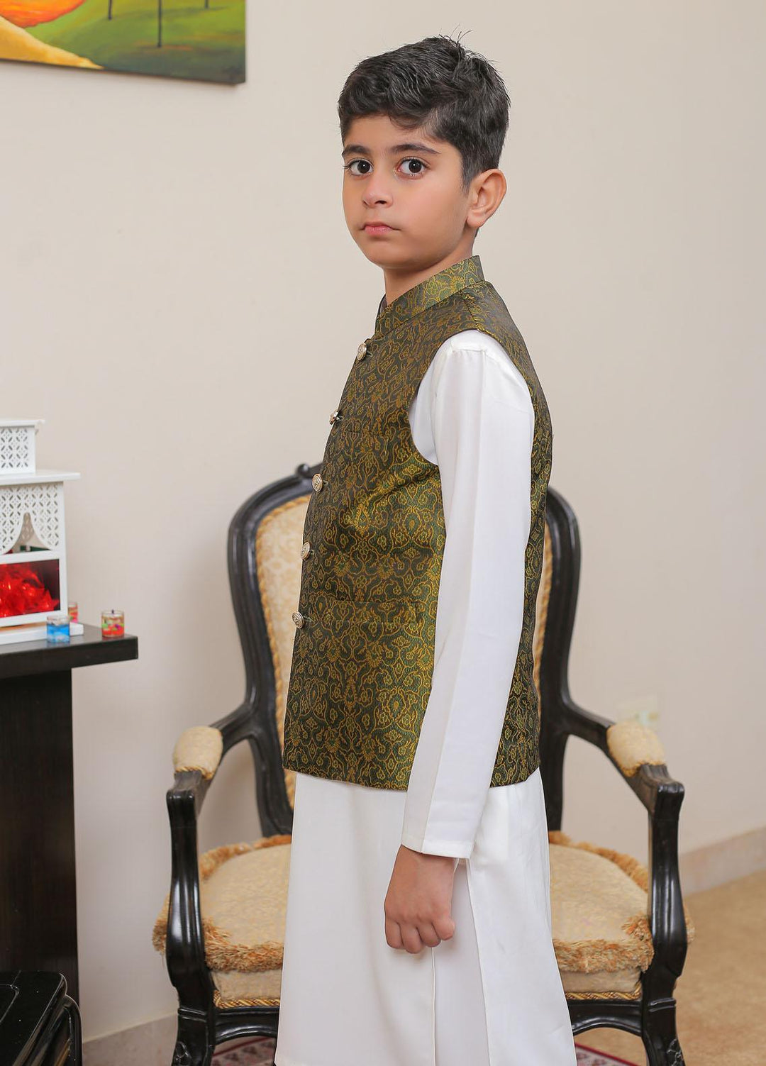 Real Image Jamawar Smart Fit Waistcoat for Kids -  KW-002 Grn Yellow