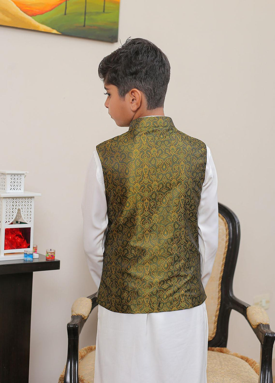 Real Image Jamawar Smart Fit Waistcoat for Kids -  KW-002 Grn Yellow