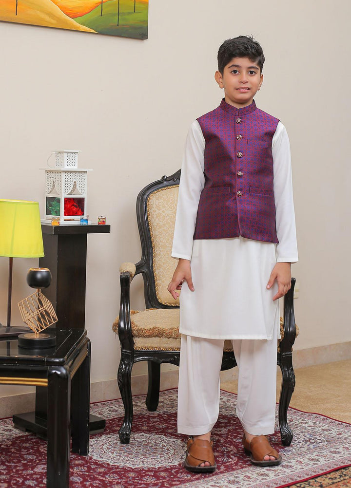 Real Image Jamawar Smart Fit Waistcoat for Kids -  KW-003 Red Blue