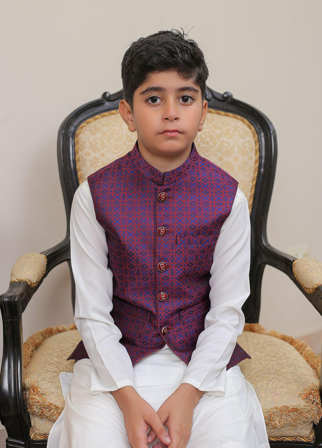 Real Image Jamawar Smart Fit Waistcoat for Kids -  KW-003 Red Blue