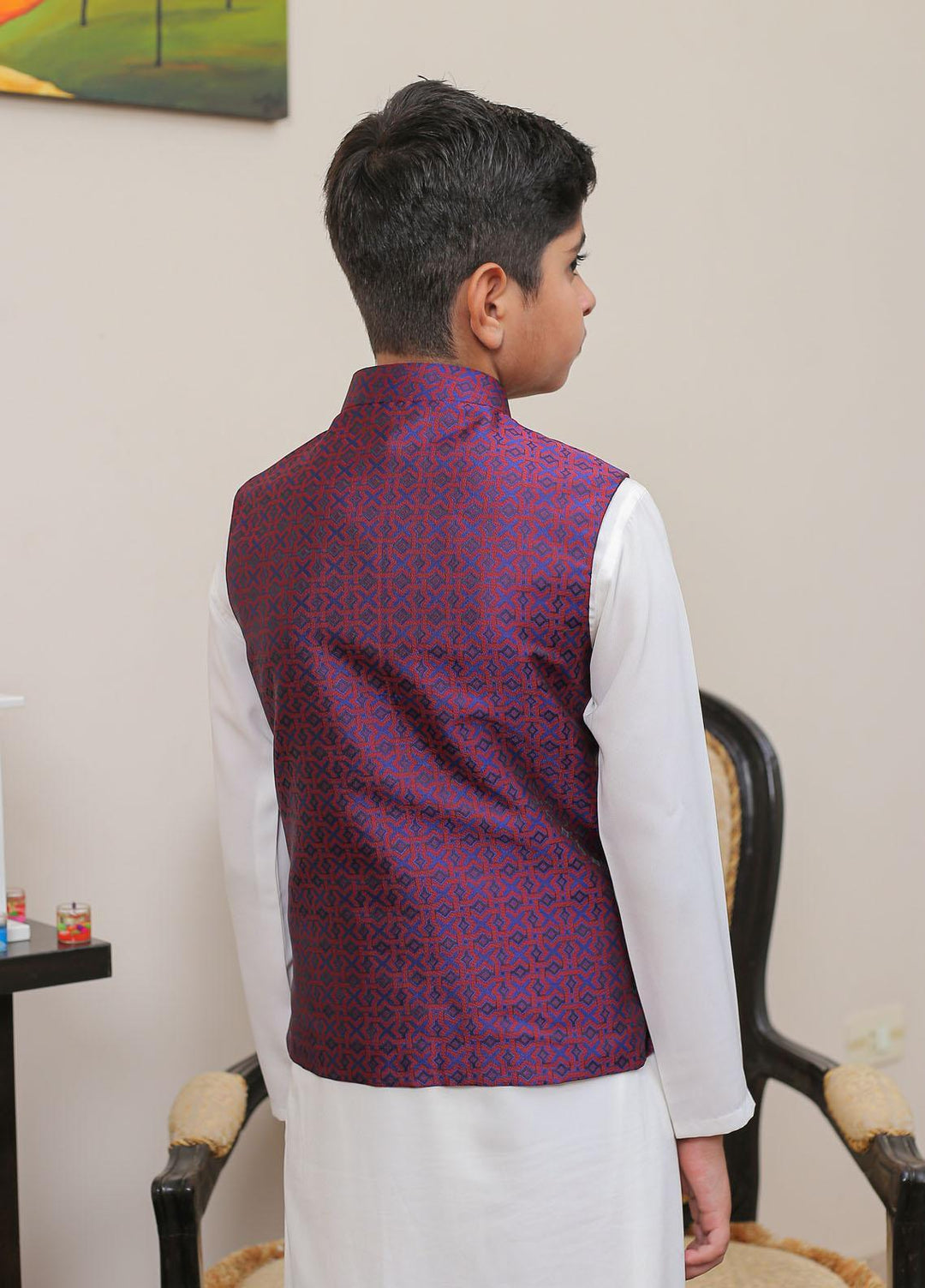 Real Image Jamawar Smart Fit Waistcoat for Kids -  KW-003 Red Blue