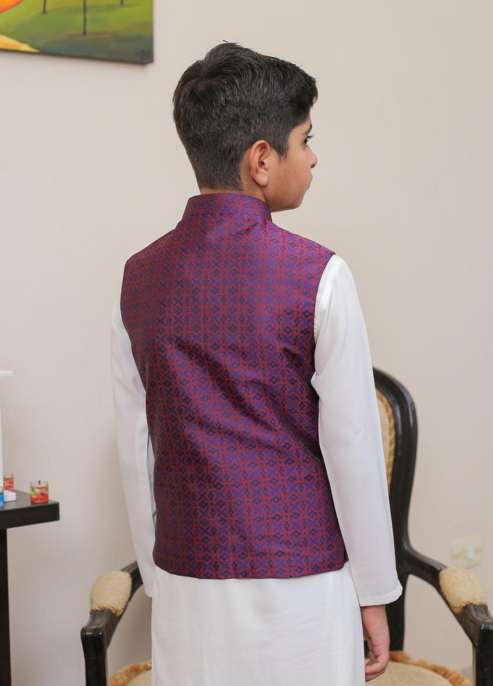 Real Image Jamawar Smart Fit Waistcoat for Kids -  KW-003 Red Blue