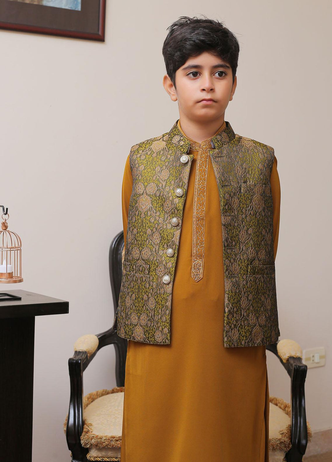Real Image Jamawar Smart Fit Waistcoat for Kids -  OKW-006 Green