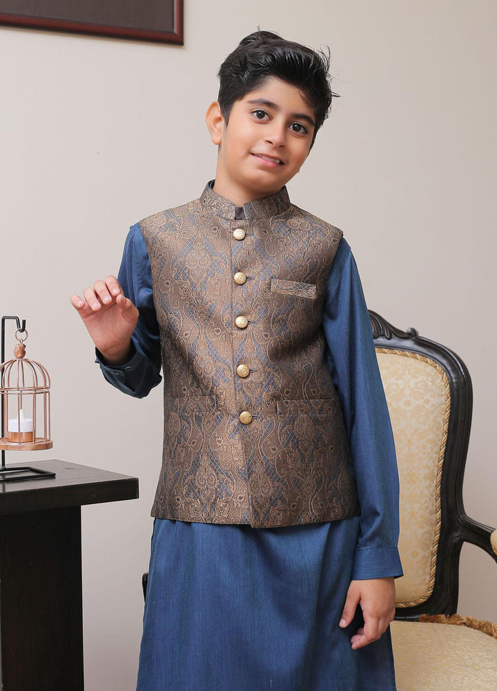 Real Image Jamawar Smart Fit Waistcoat for Kids -  OKW-007 Grey Brown
