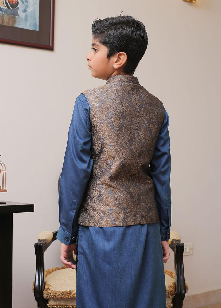 Real Image Jamawar Smart Fit Waistcoat for Kids -  OKW-007 Grey Brown