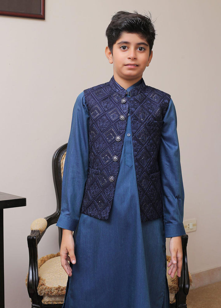 Real Image Raw Silk Smart Fit Waistcoat for Kids -  OKW-008 Navy Blue