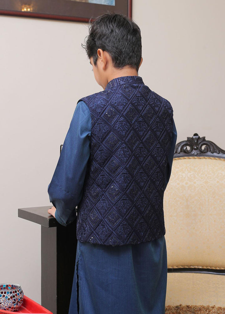Real Image Raw Silk Smart Fit Waistcoat for Kids -  OKW-008 Navy Blue