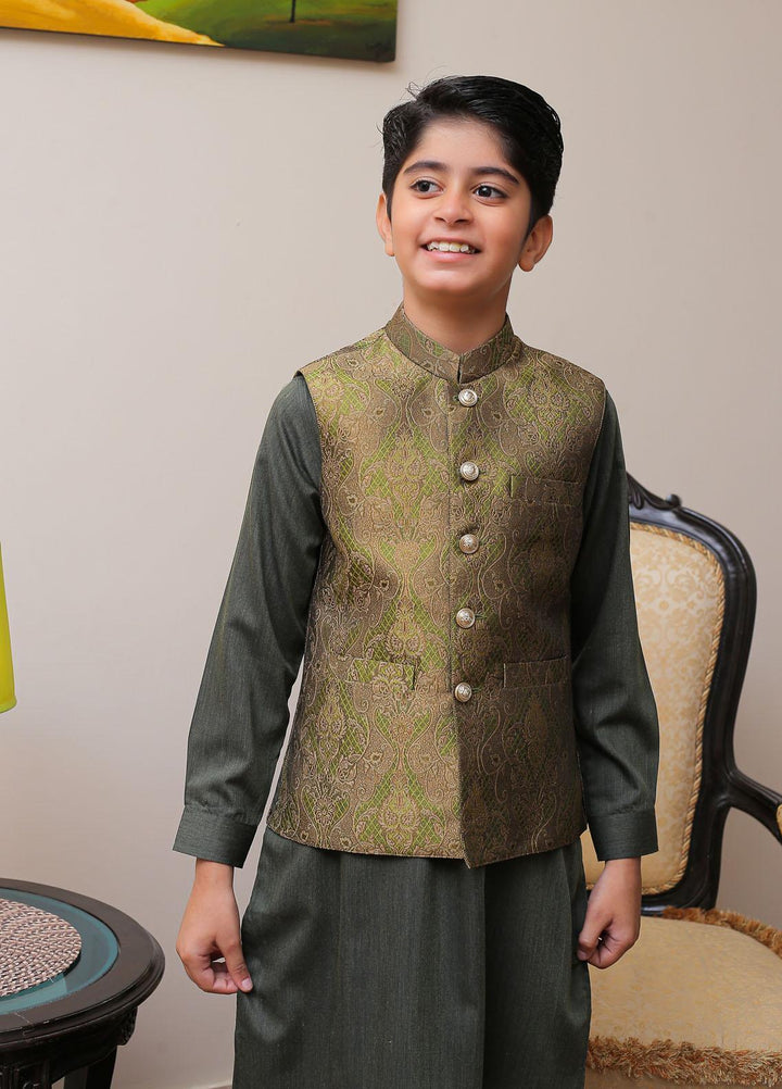 Real Image Jamawar Smart Fit Waistcoat for Kids -  OKW-010 Green Brwn
