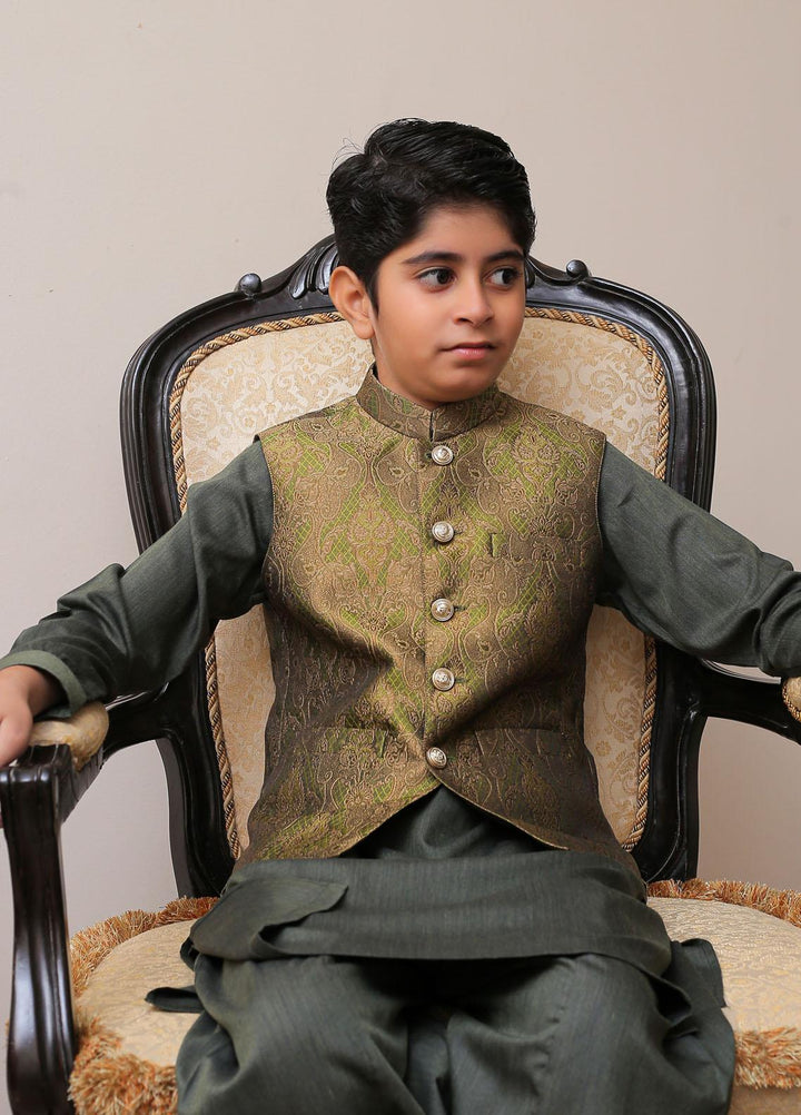 Real Image Jamawar Smart Fit Waistcoat for Kids -  OKW-010 Green Brwn