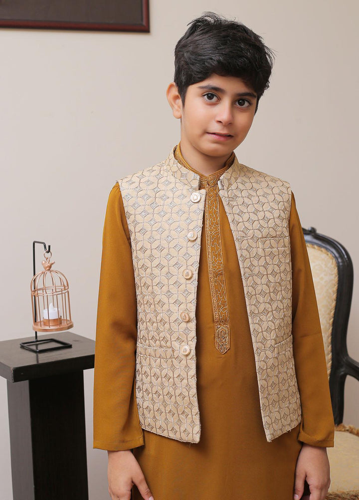 Real Image Raw Silk Smart Fit Waistcoat for Kids -  OKW-011 Beige Gold