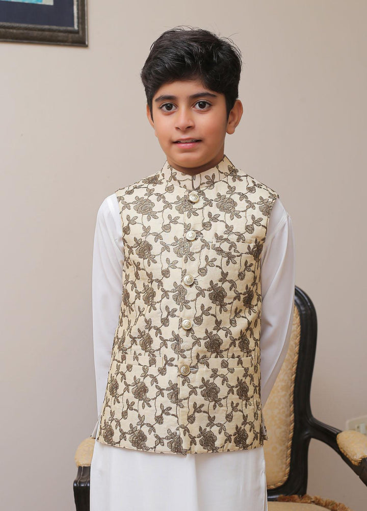 Real Image Cotton Silk Smart Fit Waistcoat for Kids -  OKW-012 Brown Gold