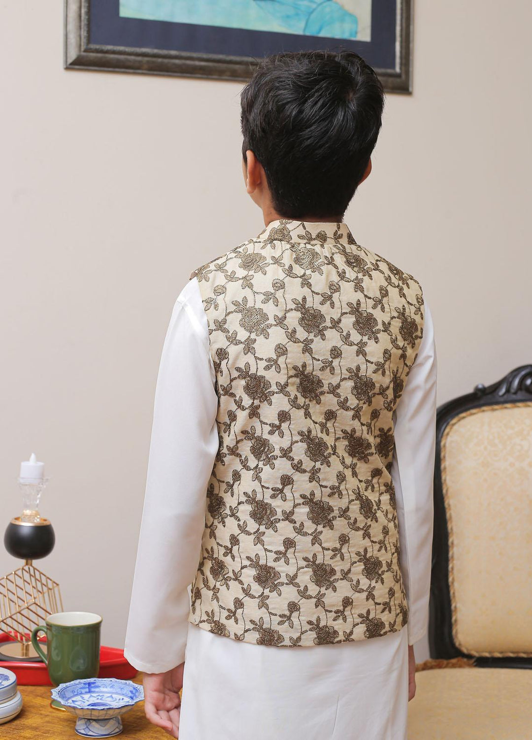 Real Image Cotton Silk Smart Fit Waistcoat for Kids -  OKW-012 Brown Gold