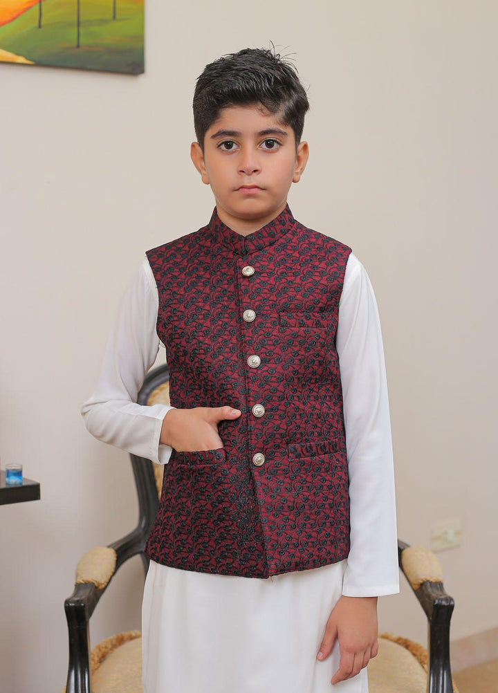 Real Image Raw Silk Smart Fit Waistcoat for Kids -  OKW-014 Blk Maroon