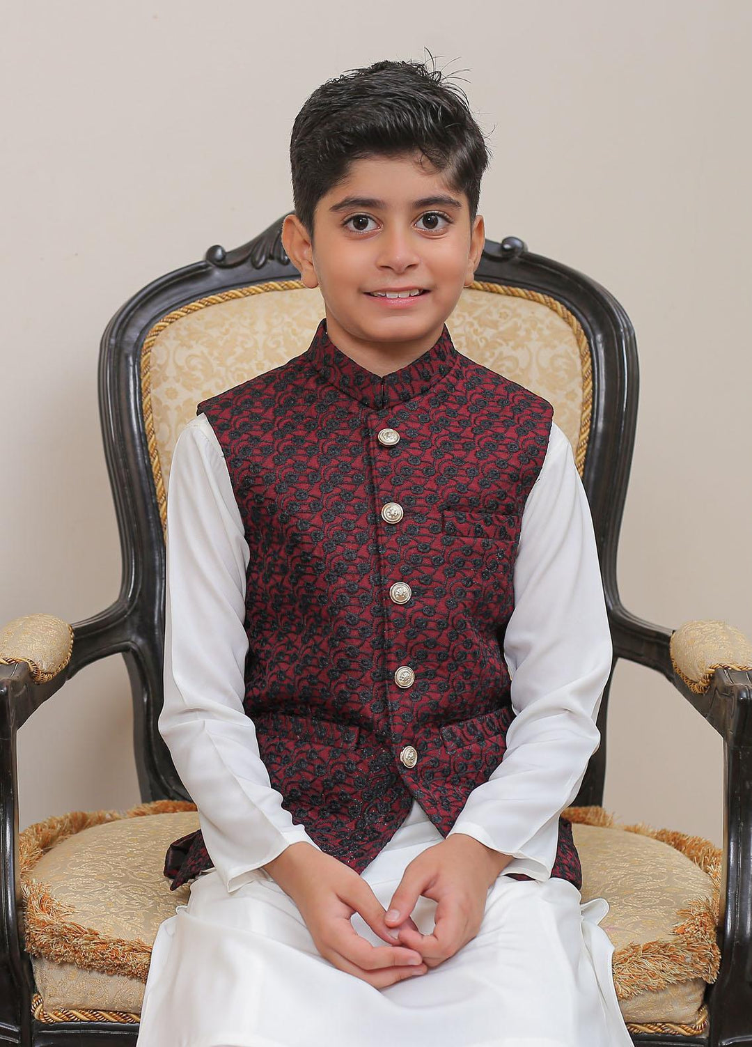 Real Image Raw Silk Smart Fit Waistcoat for Kids -  OKW-014 Blk Maroon