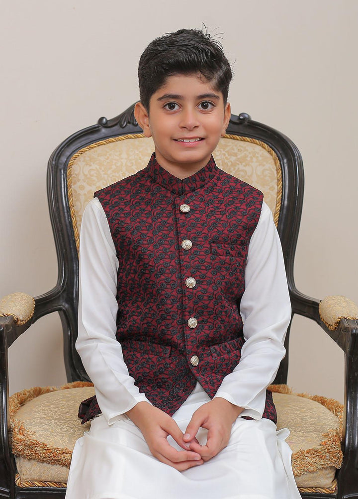 Real Image Raw Silk Smart Fit Waistcoat for Kids -  OKW-014 Blk Maroon